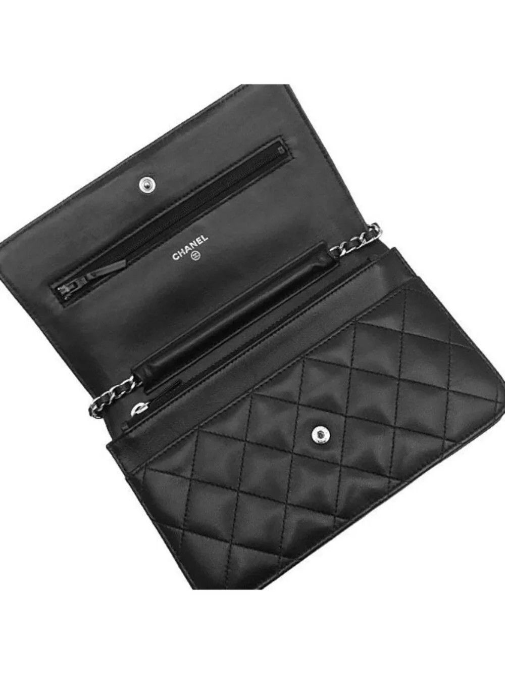 Chanel Chain Wallet Quilted Lambskin Black Silver CC Logo 24 Shoulder